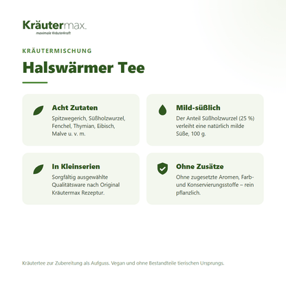 Halswärmer Tee von Kräutermax – Kräutermischung mit Spitzwegerich, Süßholzwurzel, Thymian und Malvenblättern, 100 g