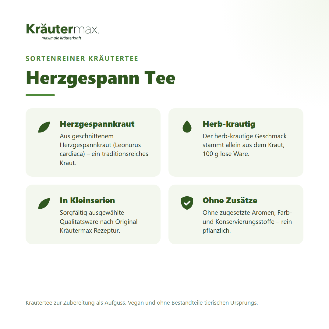 Herzgespann Tee von Kräutermax – sortenreiner Kräutertee aus geschnittenem Herzgespannkraut (Leonurus cardiaca), 100 g