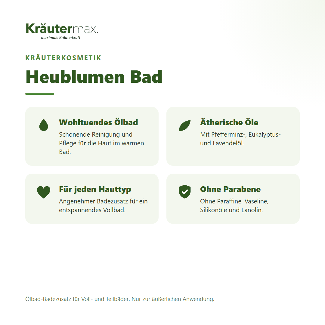 Heublumen Bad von Kräutermax – Überblick: wohltuendes Ölbad mit ätherischen Ölen, 250 ml