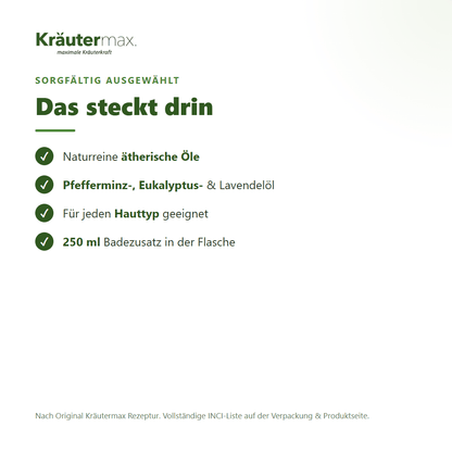 Heublumen Bad – Inhaltsstoffe: Pfefferminz-, Eukalyptus- und Lavendelöl, 250 ml Badezusatz