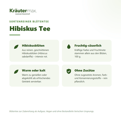 Hibiskus Tee von Kräutermax – sortenreiner Blütentee aus reinen, geschnittenen Hibiskusblüten (Hibiscus sabdariffa), 100 g