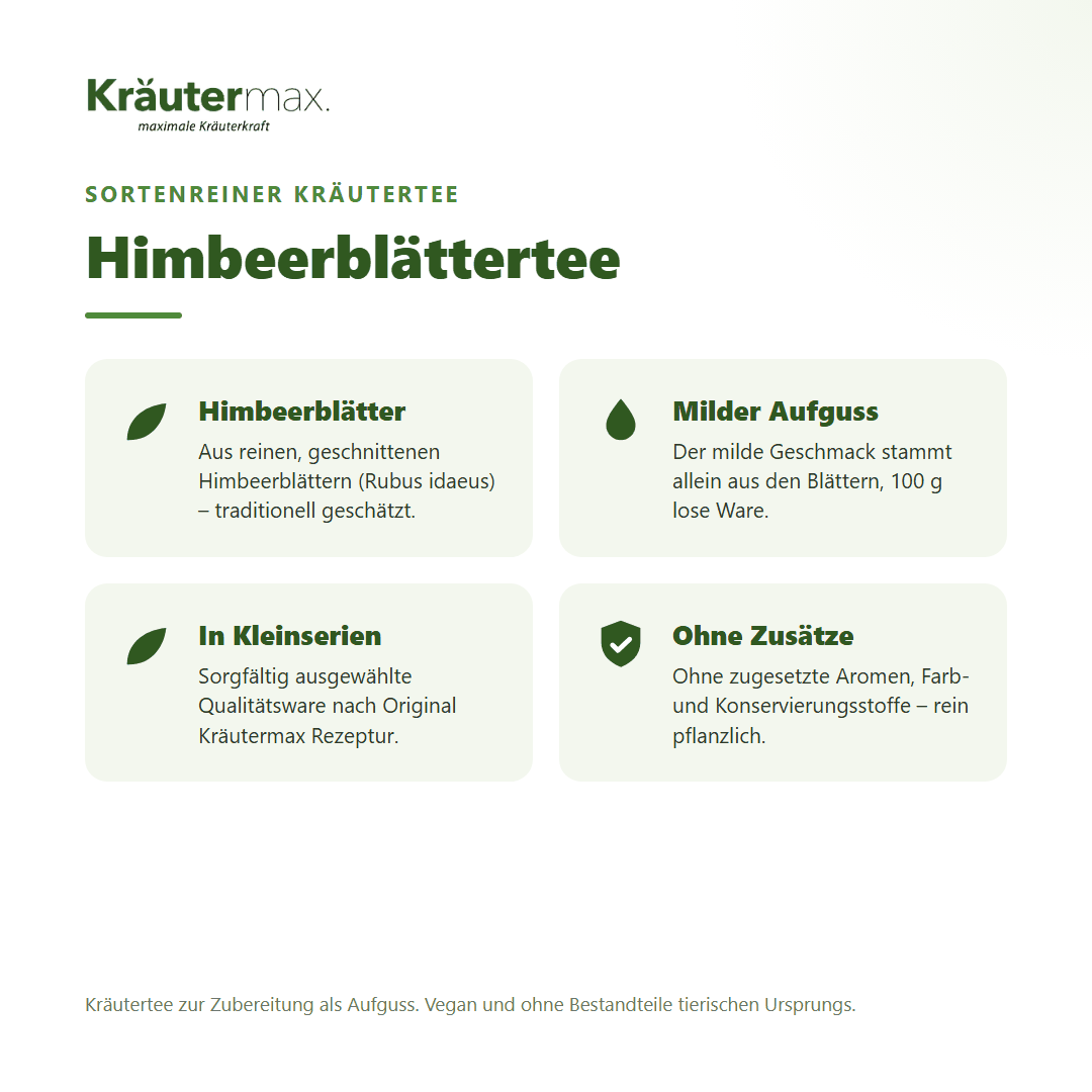 Himbeerblättertee von Kräutermax – sortenreiner Kräutertee aus reinen, geschnittenen Himbeerblättern (Rubus idaeus), 100 g