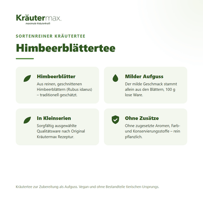 Himbeerblättertee von Kräutermax – sortenreiner Kräutertee aus reinen, geschnittenen Himbeerblättern (Rubus idaeus), 100 g