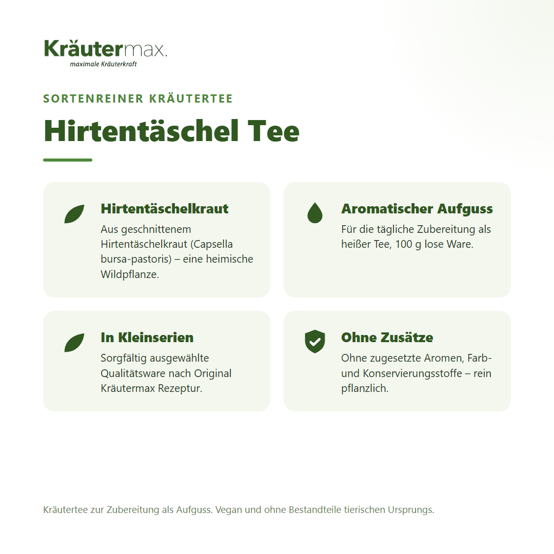 Hirtentäschel Tee von Kräutermax – sortenreiner Kräutertee aus geschnittenem Hirtentäschelkraut (Capsella bursa-pastoris), 100 g