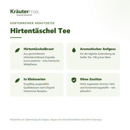 Hirtentäschel Tee von Kräutermax – sortenreiner Kräutertee aus geschnittenem Hirtentäschelkraut (Capsella bursa-pastoris), 100 g