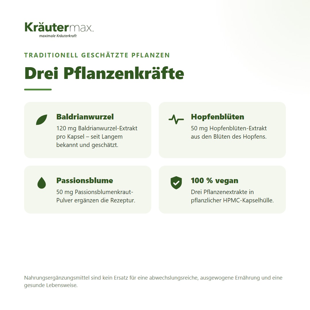 Hopfen & Baldrian+ Kapseln – mit Baldrianwurzel, Hopfenblüten und Passionsblume, rein pflanzlich | Kräutermax