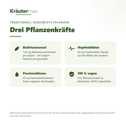 Hopfen & Baldrian+ Kapseln – mit Baldrianwurzel, Hopfenblüten und Passionsblume, rein pflanzlich | Kräutermax
