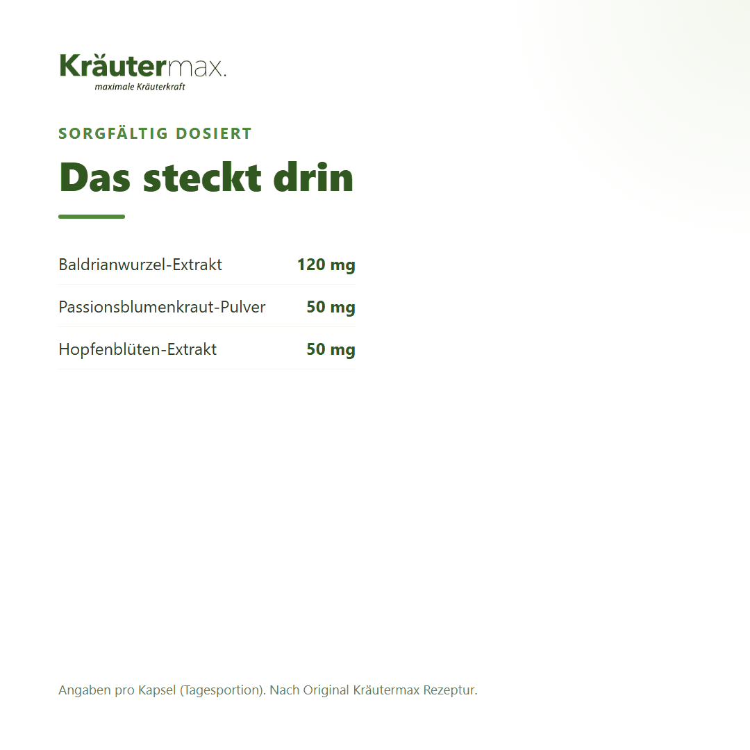 Hopfen & Baldrian+ Kapseln – 120 mg Baldrianwurzel-Extrakt, 50 mg Passionsblume und 50 mg Hopfenblüten-Extrakt pro Kapsel | Kräutermax