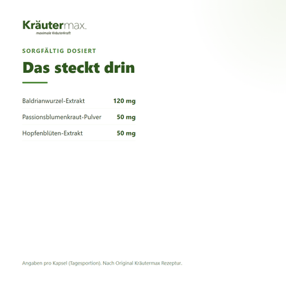Hopfen & Baldrian+ Kapseln – 120 mg Baldrianwurzel-Extrakt, 50 mg Passionsblume und 50 mg Hopfenblüten-Extrakt pro Kapsel | Kräutermax