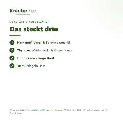 Hornhaut Balsam – Inhaltsstoffe: Harnstoff, Sonnenblumenöl, Thymian, Weidenrinde, Ringelblume, 30 ml