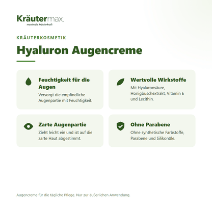 Hyaluron Augencreme von Kräutermax – Überblick: Feuchtigkeitspflege für die empfindliche Augenpartie, 15 ml