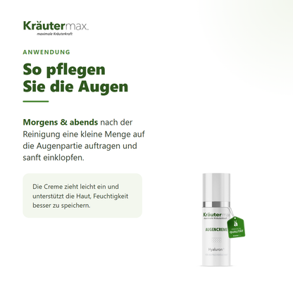 Hyaluron Augencreme – Anwendung: morgens und abends kleine Menge auf die Augenpartie einklopfen