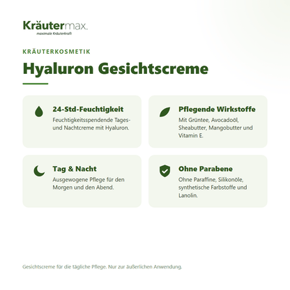 Hyaluron Gesichtscreme von Kräutermax – Überblick: feuchtigkeitsspendende 24h Tages- und Nachtcreme mit Hyaluron, 50 ml