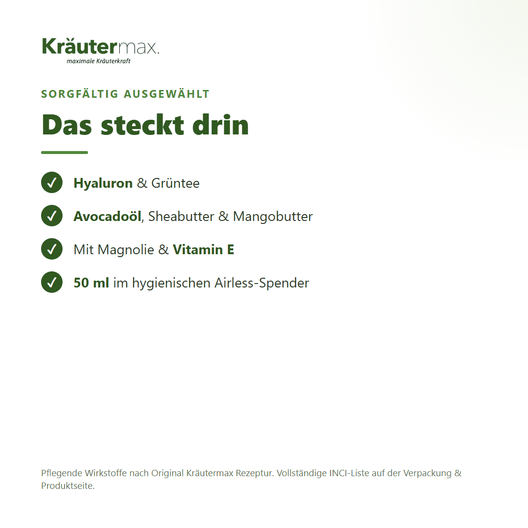 Hyaluron Gesichtscreme – Inhaltsstoffe: Hyaluron, Grüntee, Avocadoöl, Sheabutter, Mangobutter, Vitamin E, 50 ml Airless-Spender