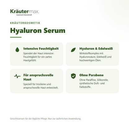 Hyaluron Serum von Kräutermax – Überblick: intensive Feuchtigkeit mit Hyaluronsäure und Edelweiß, 30 ml