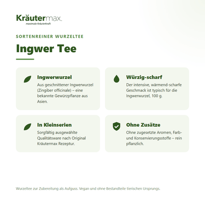Ingwer Tee von Kräutermax – sortenreiner Wurzeltee aus geschnittener Ingwerwurzel (Zingiber officinale), 100 g