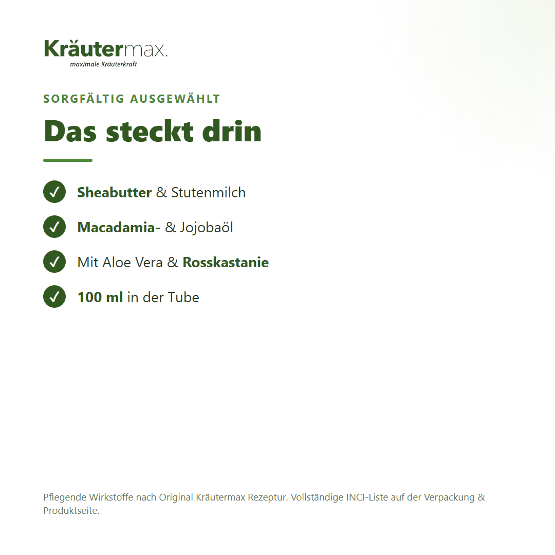 Intense Gesichtscreme – Inhaltsstoffe: Sheabutter, Stutenmilch, Macadamia-, Jojobaöl, Aloe Vera, Rosskastanie, 100 ml Tube
