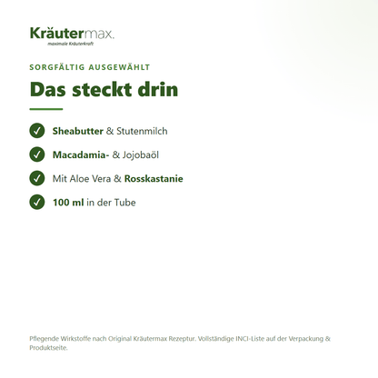 Intense Gesichtscreme – Inhaltsstoffe: Sheabutter, Stutenmilch, Macadamia-, Jojobaöl, Aloe Vera, Rosskastanie, 100 ml Tube