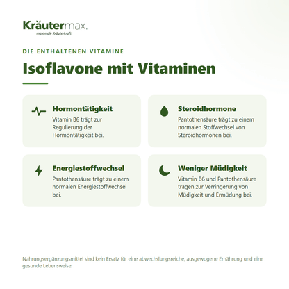 Isoflavon plus Kapseln mit Yamswurzel – mit Vitamin B6 und Pantothensäure für Hormontätigkeit, Steroidhormone und Energie | Kräutermax