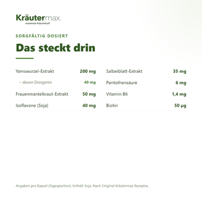 Isoflavon plus Kapseln – Yamswurzel-Extrakt, Frauenmantel, Soja-Isoflavone, Salbei mit Vitamin B6, Pantothensäure und Biotin | Kräutermax