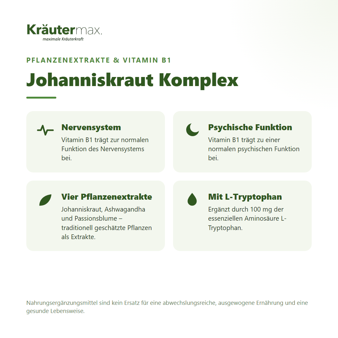 Johanniskraut Komplex+ Kapseln – mit Johanniskraut, Ashwagandha, Passionsblume, L-Tryptophan und Vitamin B1 für Nervensystem und Psyche | Kräutermax