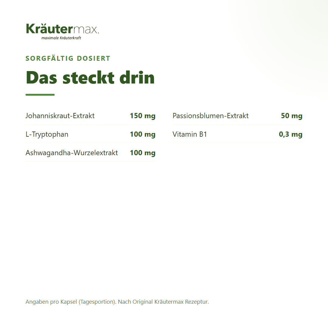 Johanniskraut Komplex+ Kapseln – 150 mg Johanniskraut, 100 mg L-Tryptophan, 100 mg Ashwagandha, Passionsblume und Vitamin B1 pro Kapsel | Kräutermax