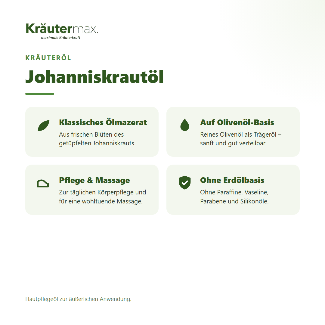 Johanniskrautöl von Kräutermax – Überblick: pflegendes Kräuteröl für Haut und Massage