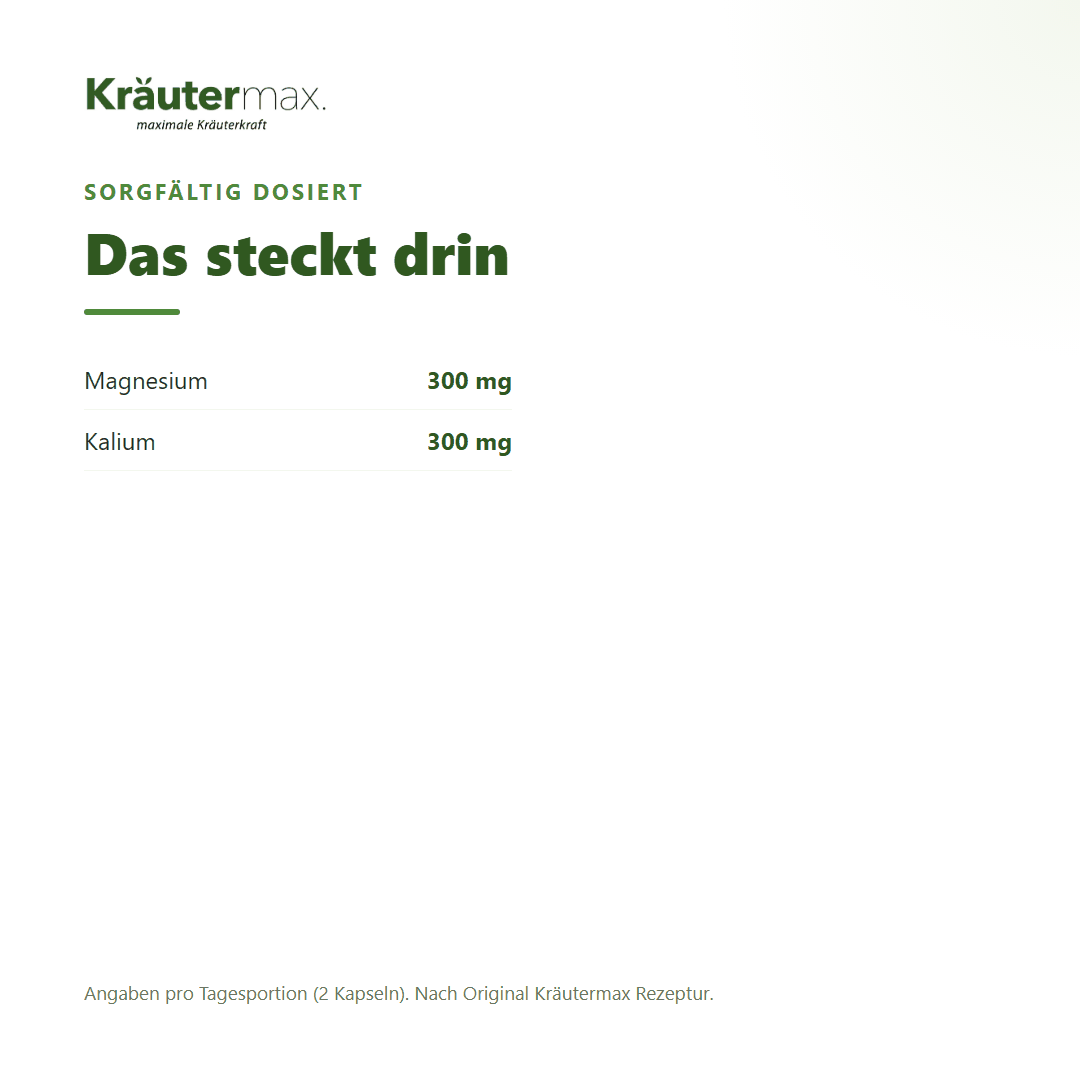 Kalium & Magnesium Kapseln – 300 mg Magnesium (80 % NRV) und 300 mg Kalium pro Tagesportion | Kräutermax