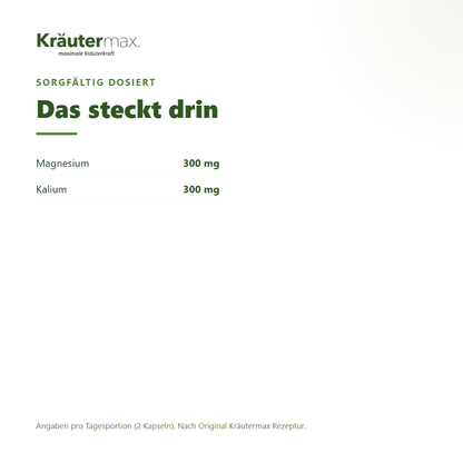 Kalium & Magnesium Kapseln – 300 mg Magnesium (80 % NRV) und 300 mg Kalium pro Tagesportion | Kräutermax