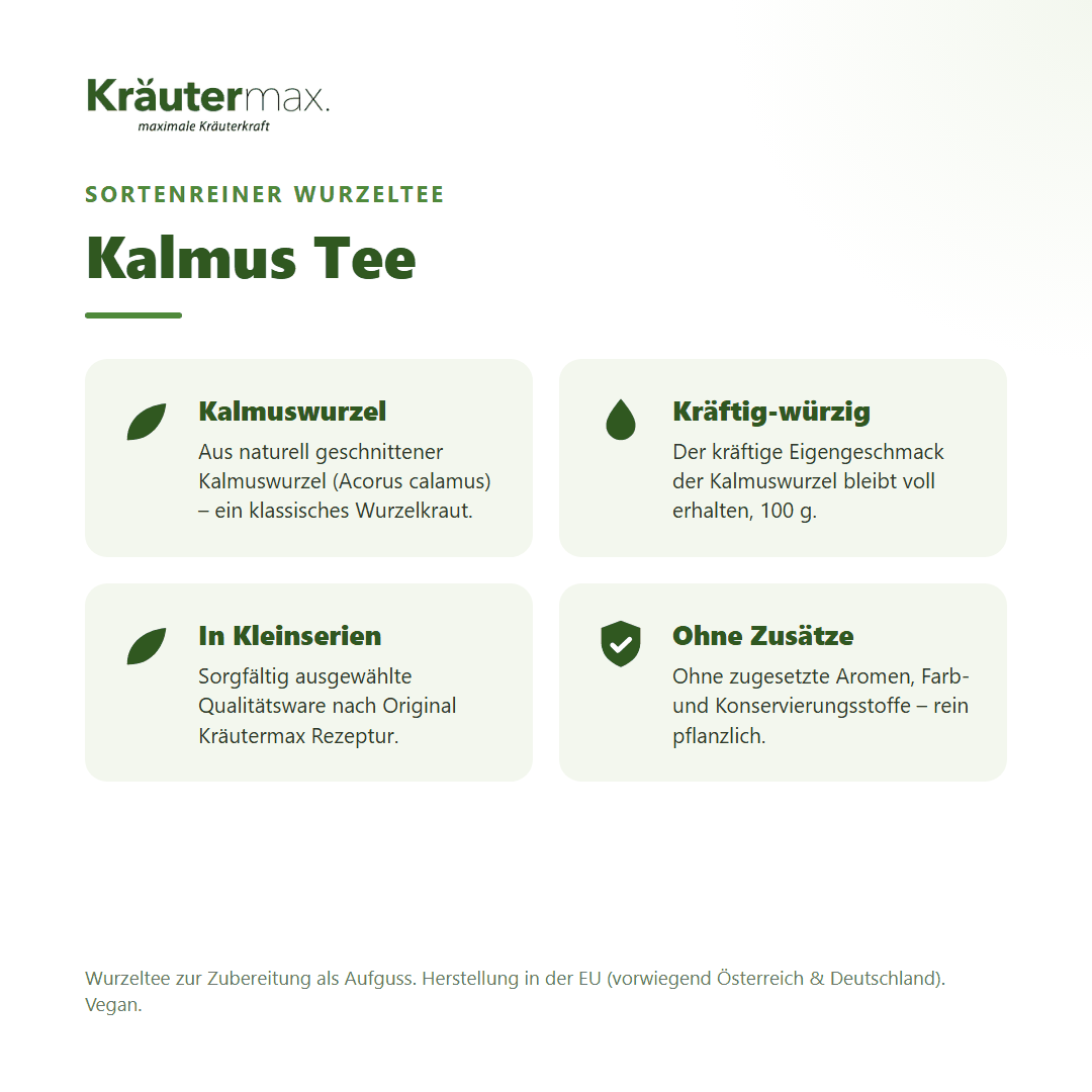 Kalmus Tee von Kräutermax – sortenreiner Wurzeltee aus naturell geschnittener Kalmuswurzel (Acorus calamus), 100 g