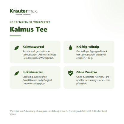 Kalmus Tee von Kräutermax – sortenreiner Wurzeltee aus naturell geschnittener Kalmuswurzel (Acorus calamus), 100 g