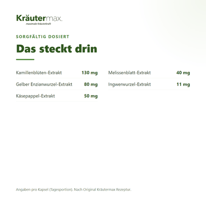 Kamille, Malve & Melisse+ Kapseln – 130 mg Kamillenblüten, Enzianwurzel, Käsepappel, Melisse und Ingwer pro Kapsel | Kräutermax