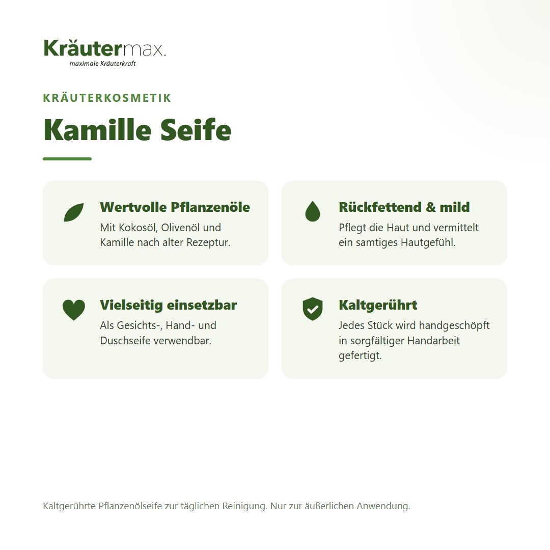 Kamille Seife von Kräutermax – Überblick: kaltgerührte Pflanzenölseife mit Kokos-, Olivenöl und Kamille, 100 g