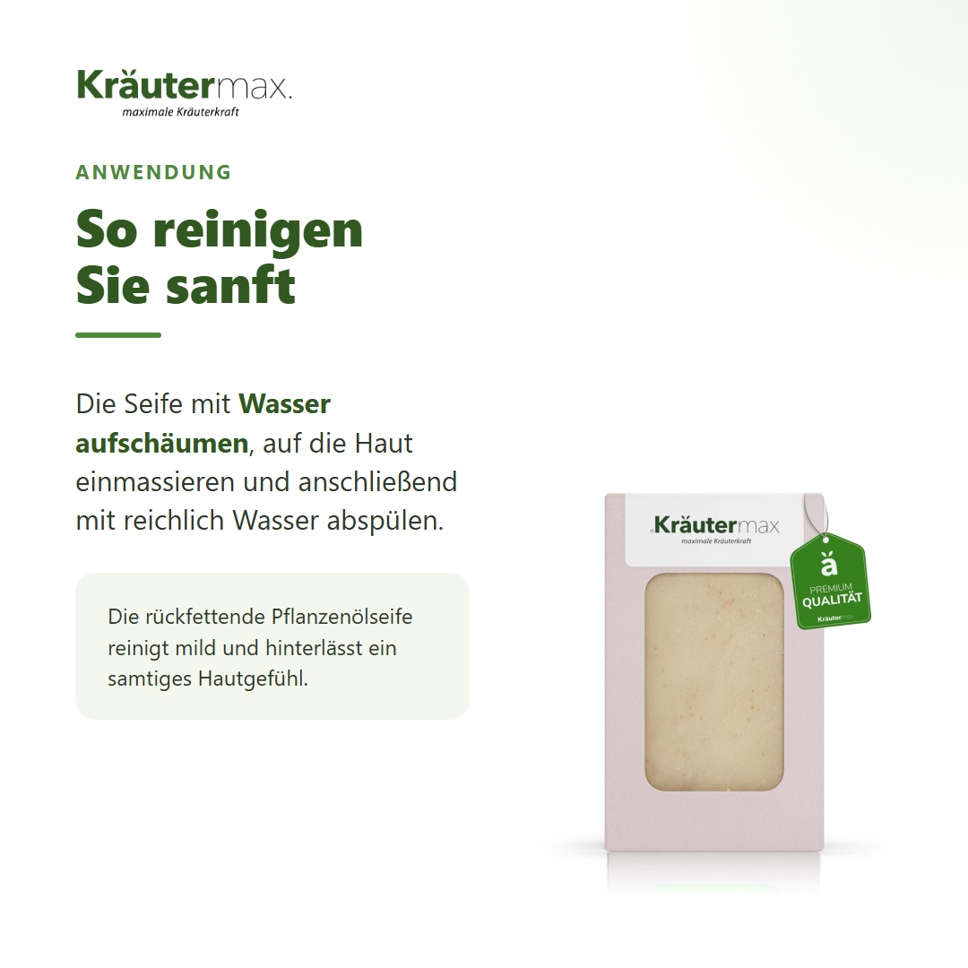 Kamille Seife – Anwendung: mit Wasser aufschäumen, einmassieren und abspülen