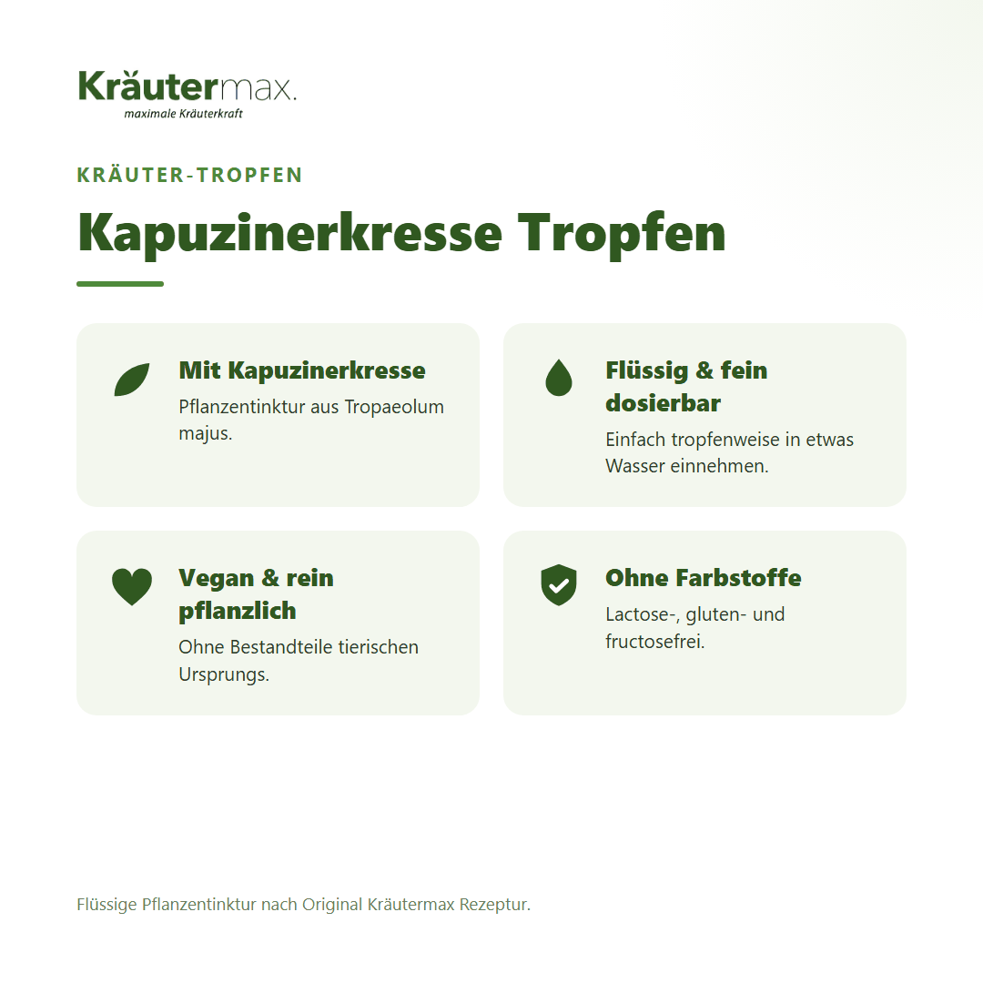 Kapuzinerkresse Tropfen von Kräutermax – Überblick: flüssige Pflanzentinktur, vegan