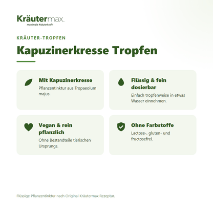 Kapuzinerkresse Tropfen von Kräutermax – Überblick: flüssige Pflanzentinktur, vegan
