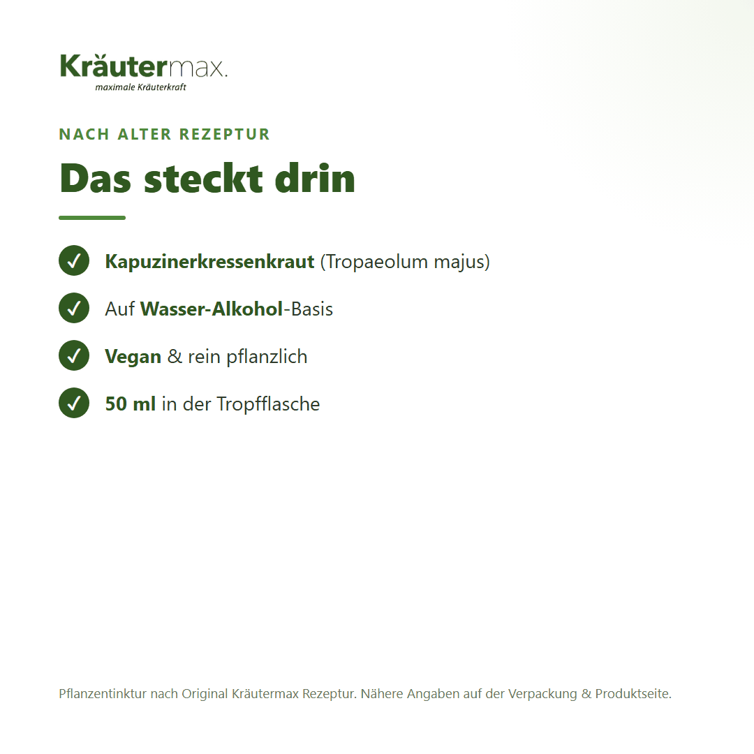 Kapuzinerkresse Tropfen – Inhaltsstoffe: Kapuzinerkressenkraut (Tropaeolum majus), 50 ml Tropfflasche