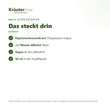 Kapuzinerkresse Tropfen – Inhaltsstoffe: Kapuzinerkressenkraut (Tropaeolum majus), 50 ml Tropfflasche