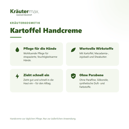 Kartoffel Handcreme von Kräutermax – Überblick: Pflege für strapazierte Hände mit Kartoffel und Sheabutter, 70 ml