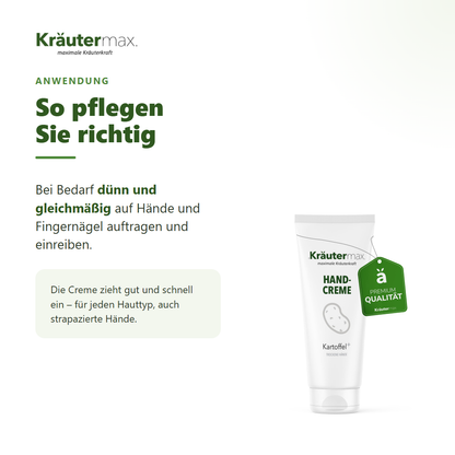 Kartoffel Handcreme – Anwendung: dünn auf Hände und Fingernägel auftragen und einreiben