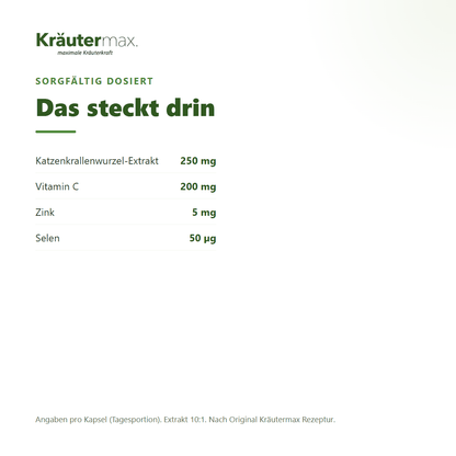 Katzenkralle Kapseln – 250 mg Katzenkrallenwurzel-Extrakt (10:1) mit Vitamin C, Zink und Selen pro Kapsel | Kräutermax