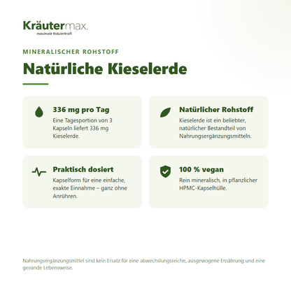 Kieselerde Kapseln – 336 mg natürliche Kieselerde pro Tagesportion, rein mineralisch und vegan | Kräutermax