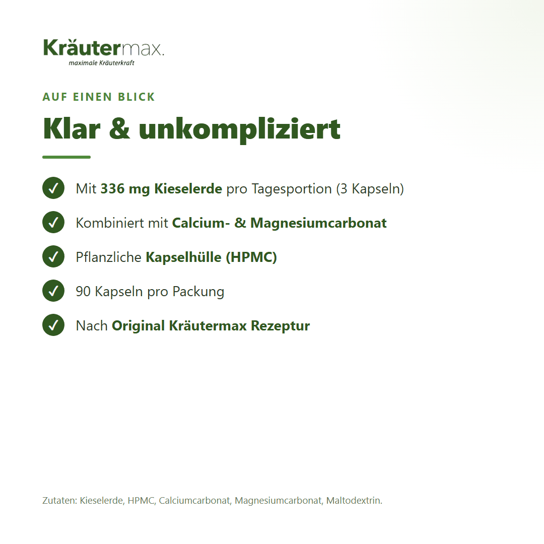 Kieselerde Kapseln – 336 mg Kieselerde mit Calcium- und Magnesiumcarbonat, 90 Kapseln | Kräutermax