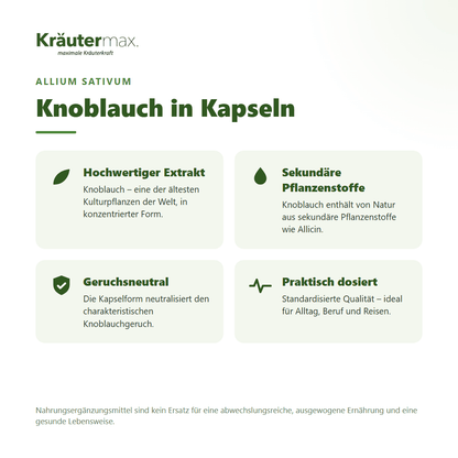 Knoblauch Kapseln – hochwertiger Knoblauchextrakt (Allium sativum), geruchsneutral | Kräutermax