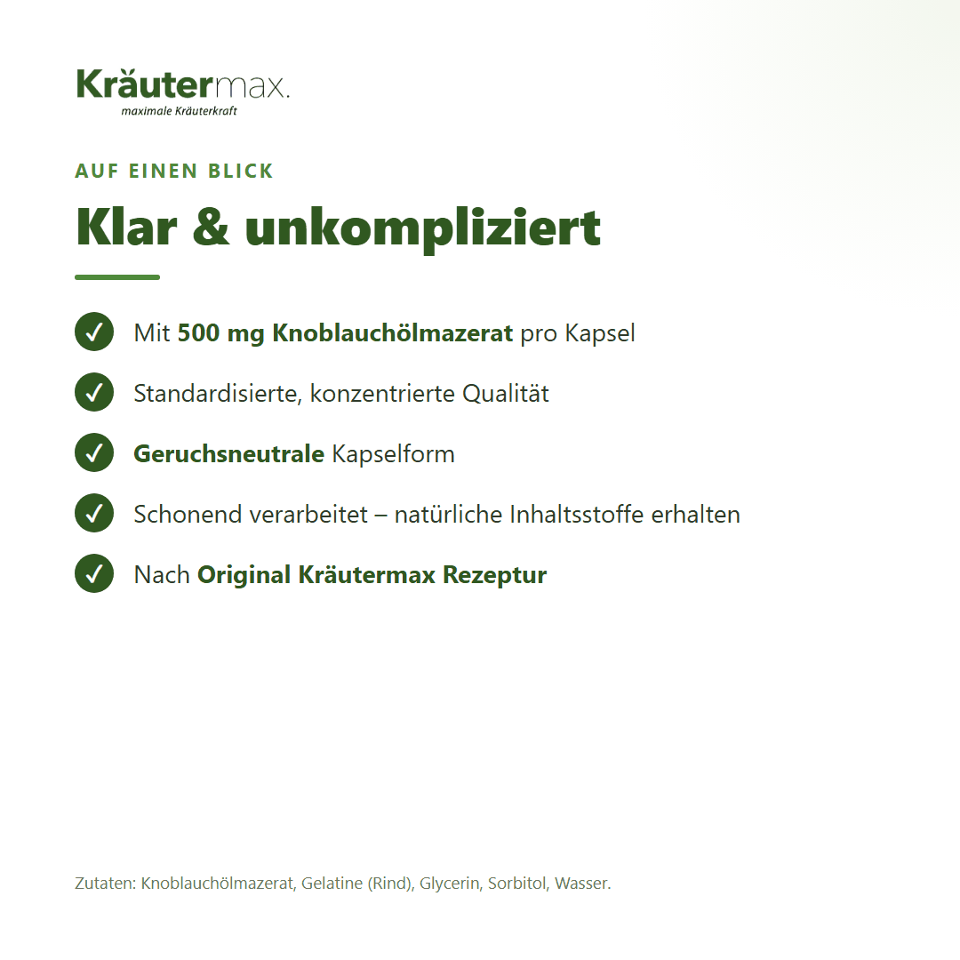 Knoblauch Kapseln – 500 mg Knoblauchölmazerat pro Kapsel, standardisierte Qualität | Kräutermax