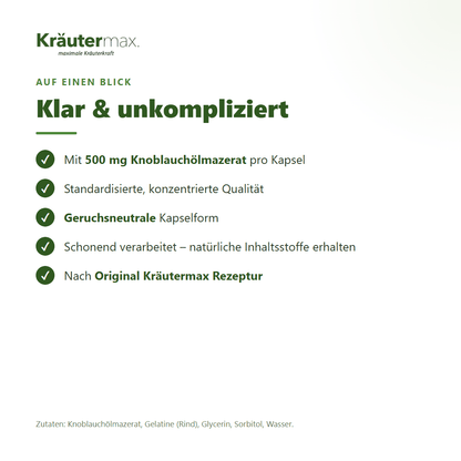 Knoblauch Kapseln – 500 mg Knoblauchölmazerat pro Kapsel, standardisierte Qualität | Kräutermax
