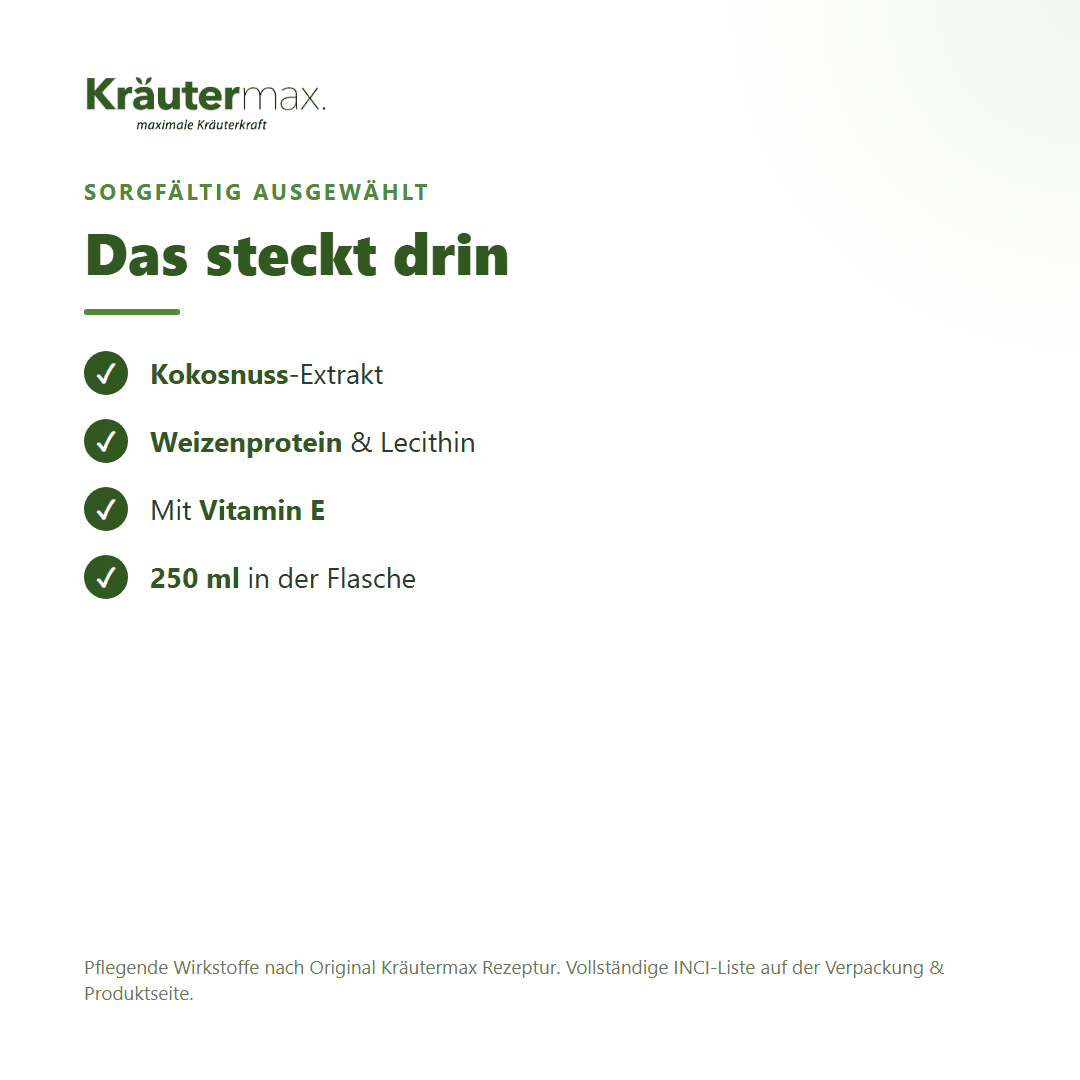 Kokos Duschgel – Inhaltsstoffe: Kokosnuss-Extrakt, Weizenprotein, Lecithin, Vitamin E, 250 ml Flasche