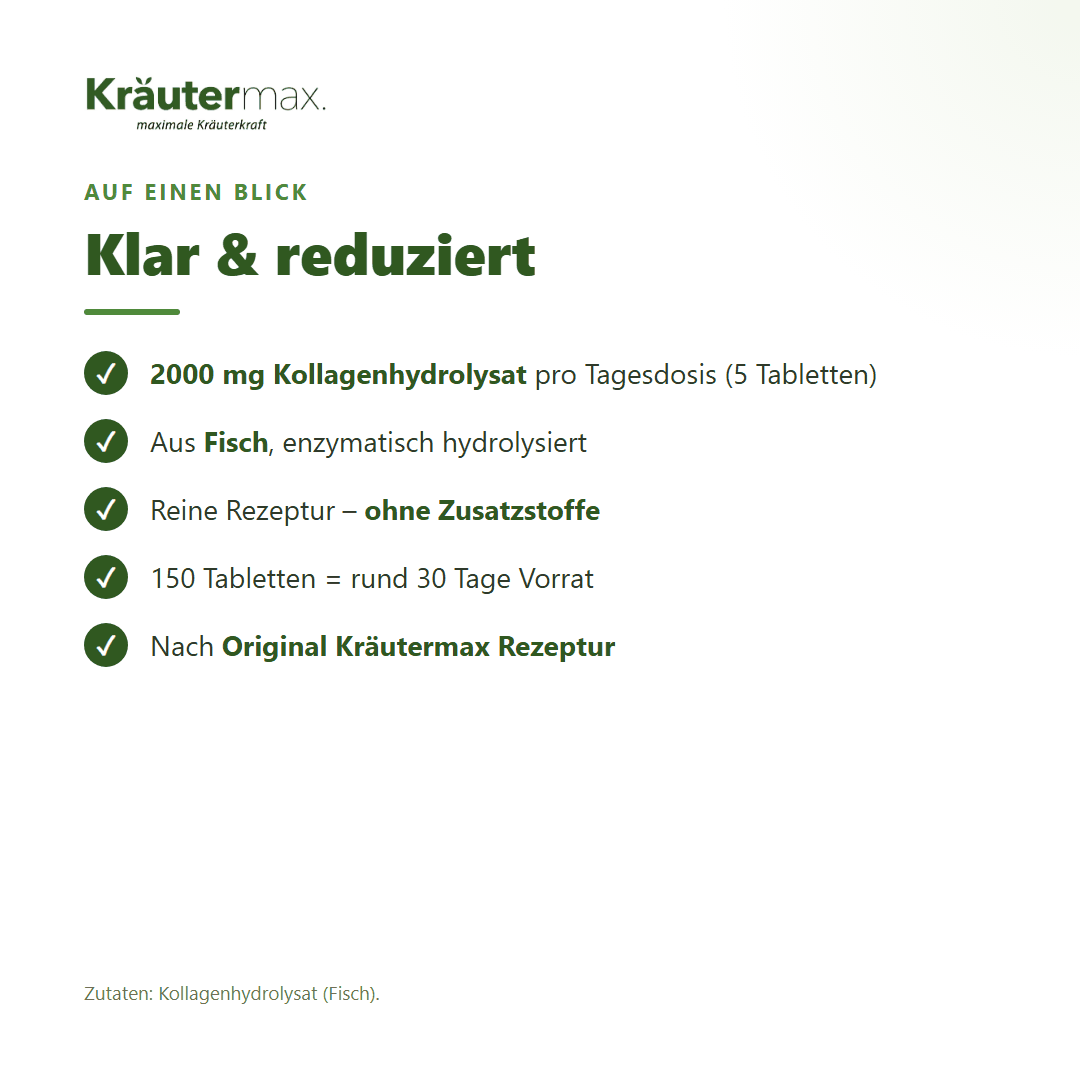 Kollagen 2000 mg Tabletten – 2000 mg Kollagenhydrolysat pro Tagesdosis, reine Rezeptur ohne Zusatzstoffe | Kräutermax