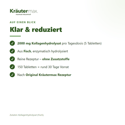 Kollagen 2000 mg Tabletten – 2000 mg Kollagenhydrolysat pro Tagesdosis, reine Rezeptur ohne Zusatzstoffe | Kräutermax