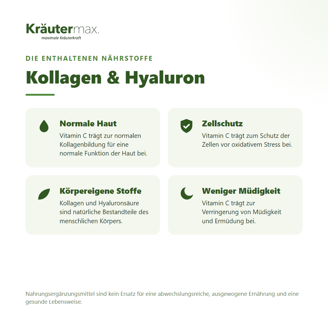 Kollagen Hyaluron Kapseln – mit Vitamin C für normale Haut, Zellschutz und weniger Müdigkeit, plus Kollagen und Hyaluronsäure | Kräutermax